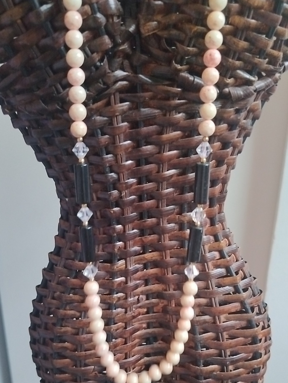 Long Beaded Necklace in Beige and Black - Women Jewelry